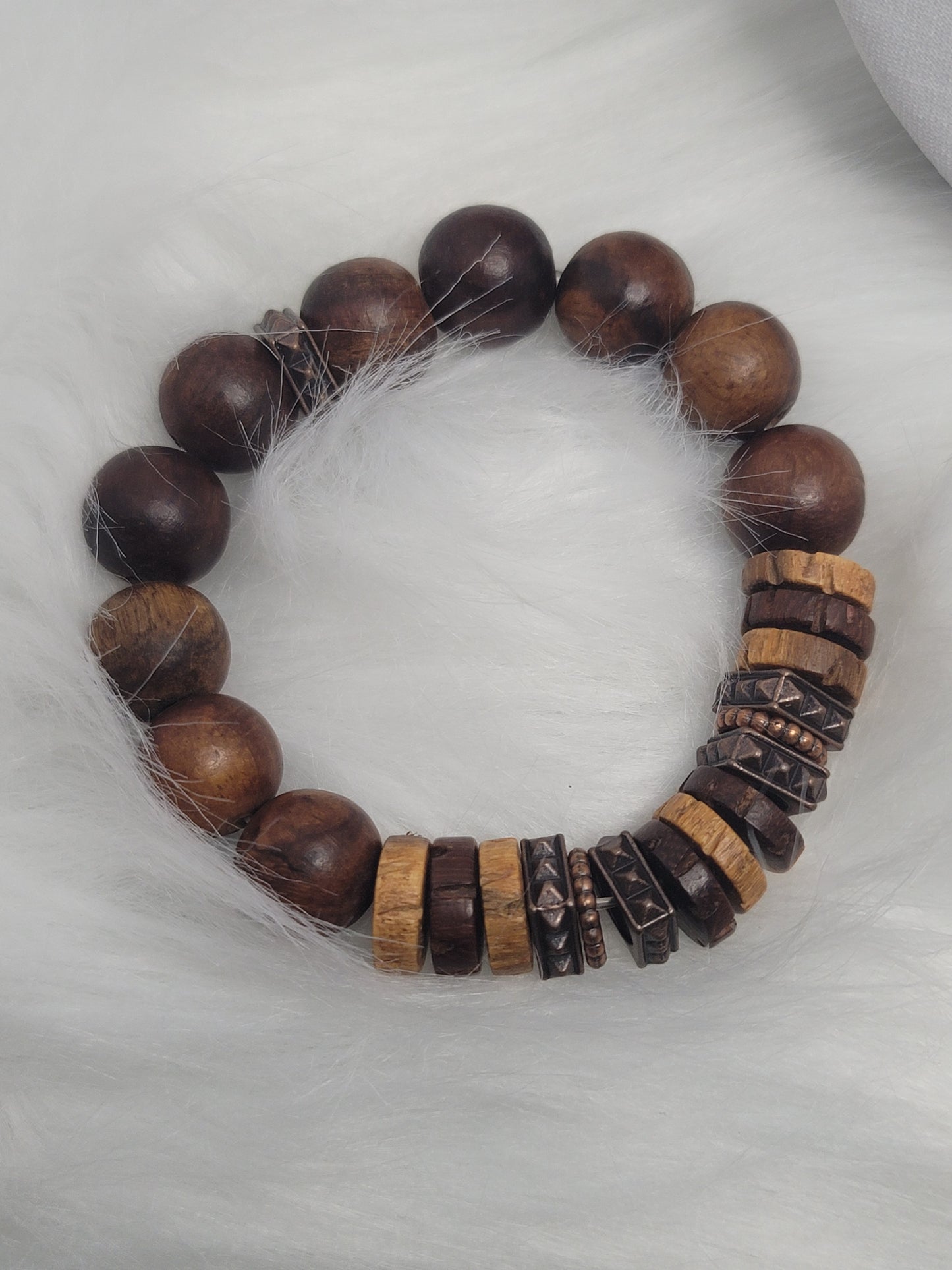 High Quality Wood Bead Bracelet with metal accents