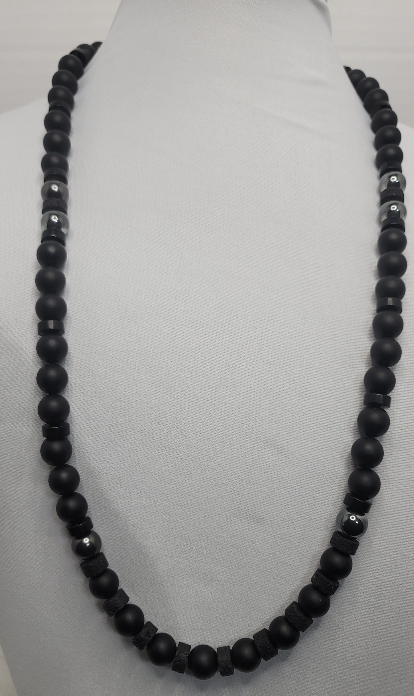 Authentic Matte Onyx Beads Necklace with Silver Hematite Bead accents