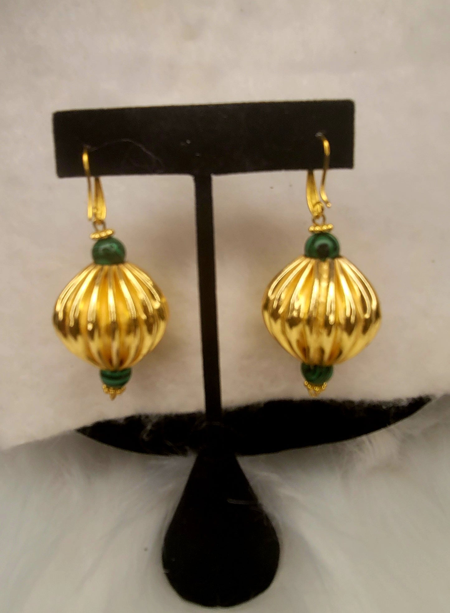 Authentic Malachite stone, brass bead and gold tone accent bead necklace with matching earrings.