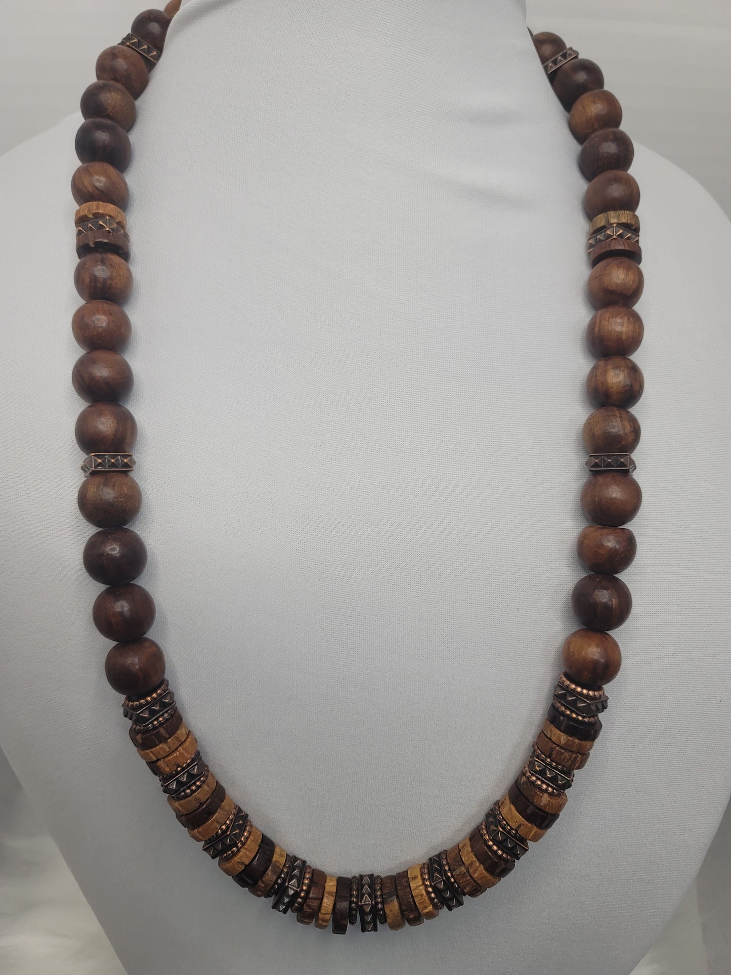 High Quality Wood Bead Necklace with metal accents