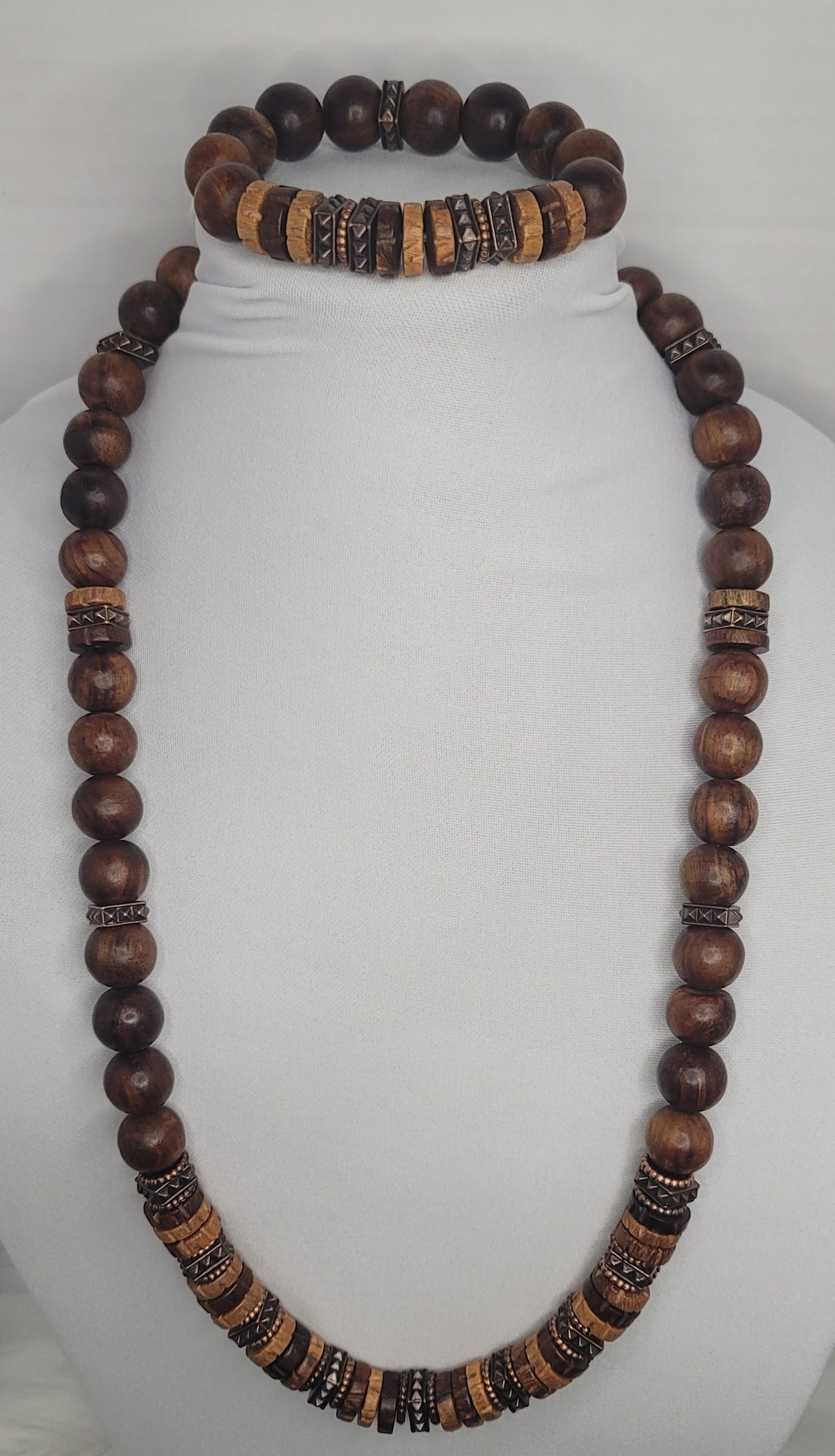 High Quality Wood Bead Necklace with metal accents