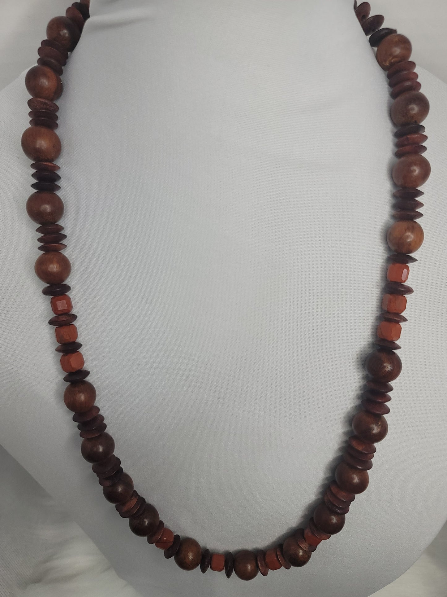 High Quality Wood Bead Necklace with Red Jasper Accents