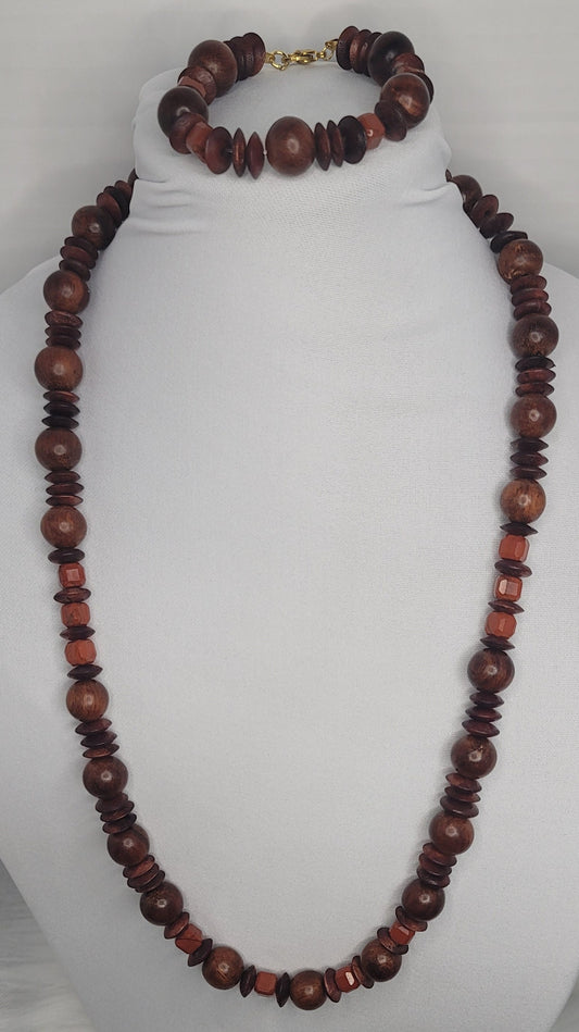 High Quality Wood Bead Necklace with Red Jasper Accents