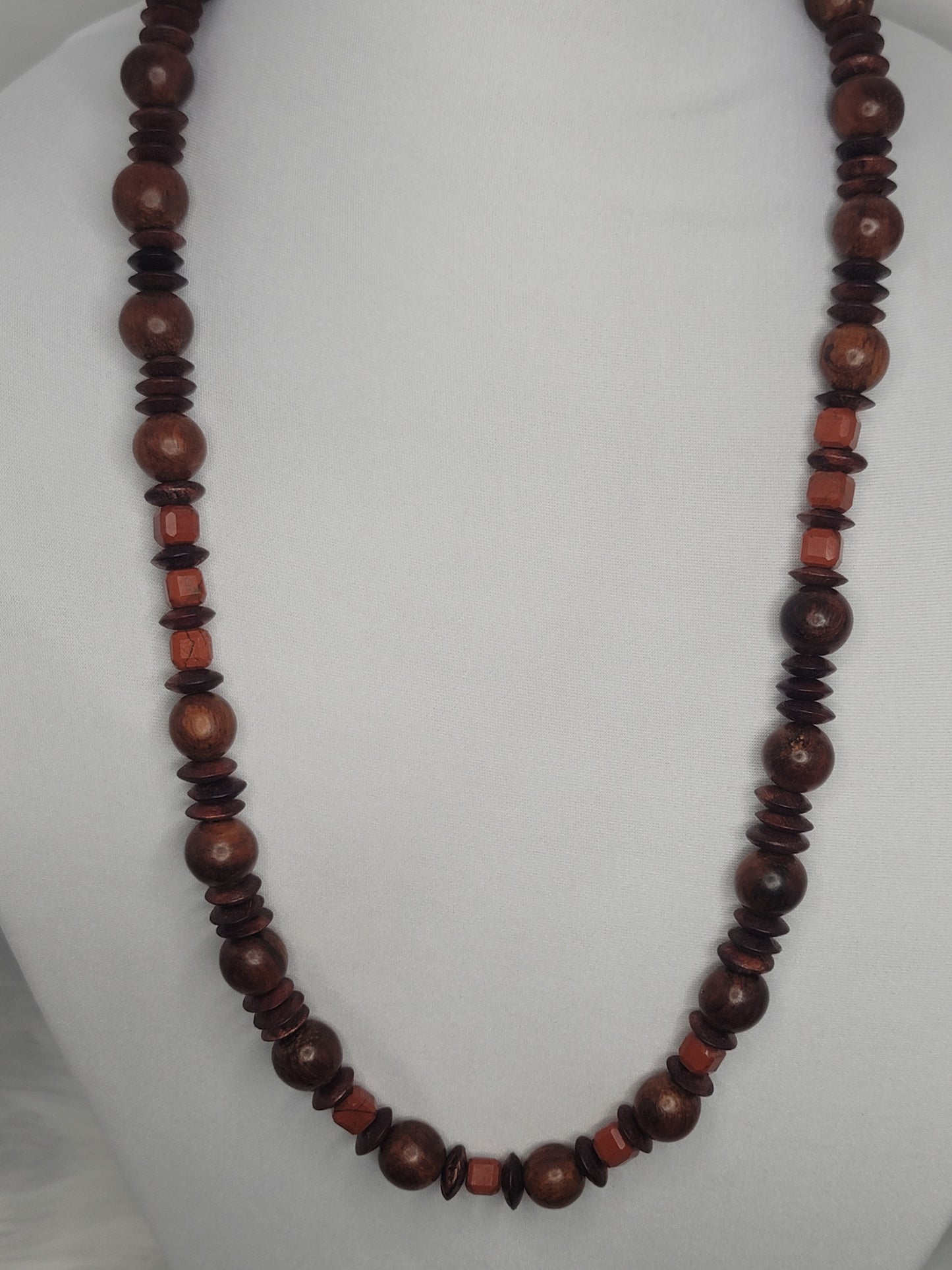 High Quality Wood Bead Necklace with Red Jasper Accents