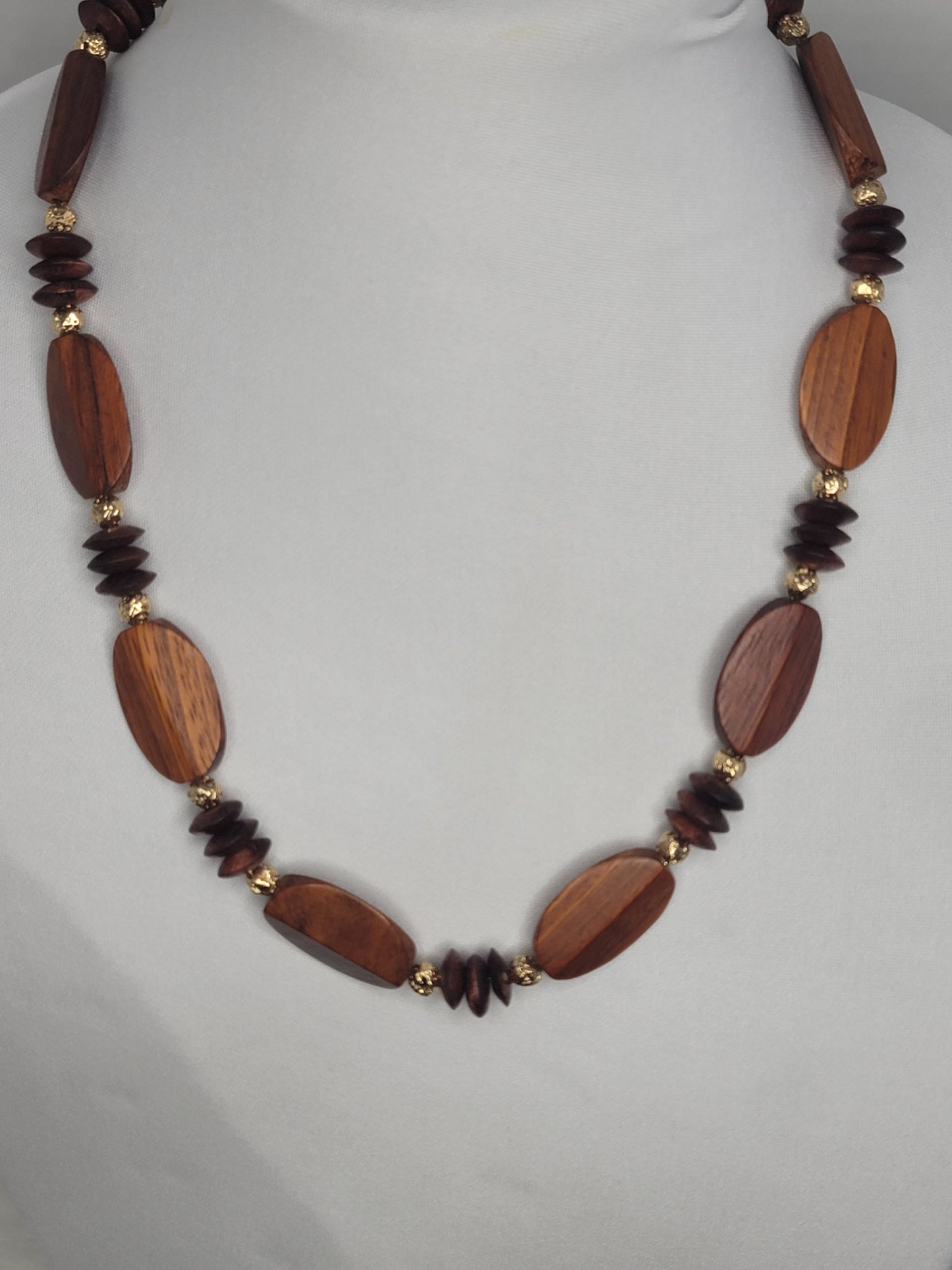 High Quality Wood Bead Necklace with gold plated lava stone accent spacers