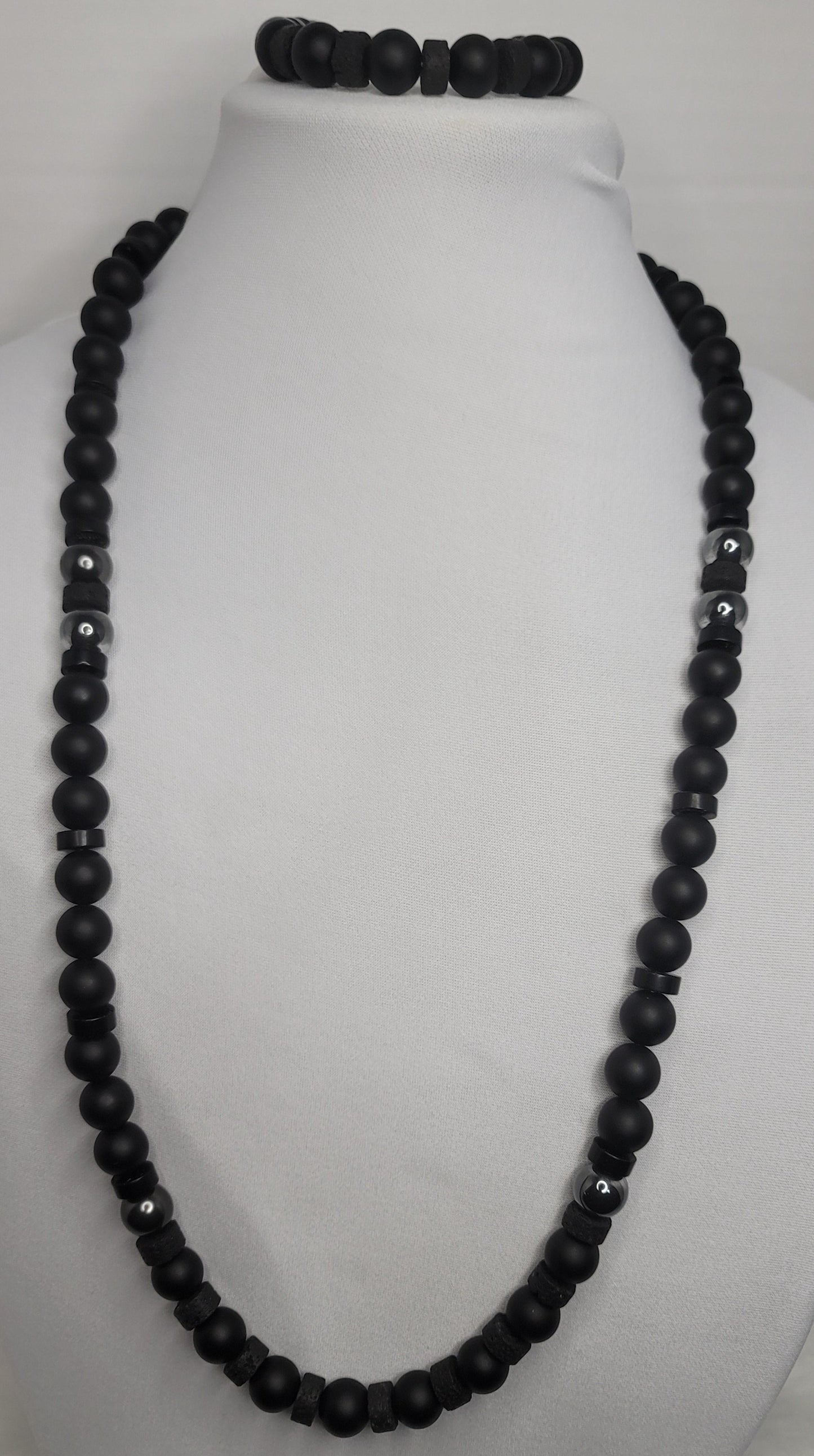 Authentic Matte Onyx Beads Necklace with Silver Hematite Bead accents