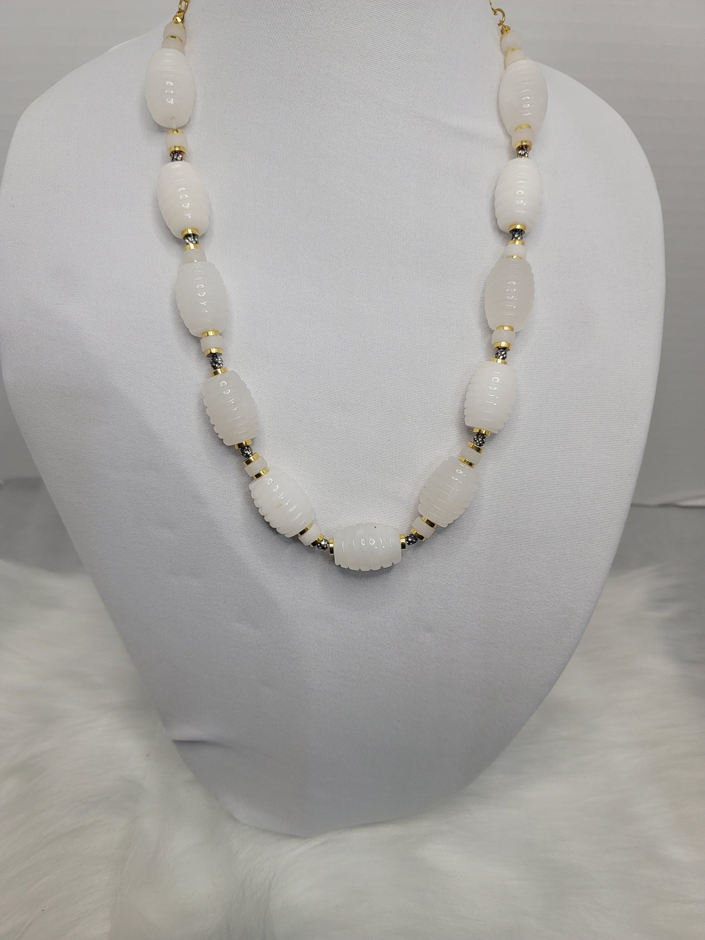 Large White Natural Stone Necklace with gold-plated Hematite accents