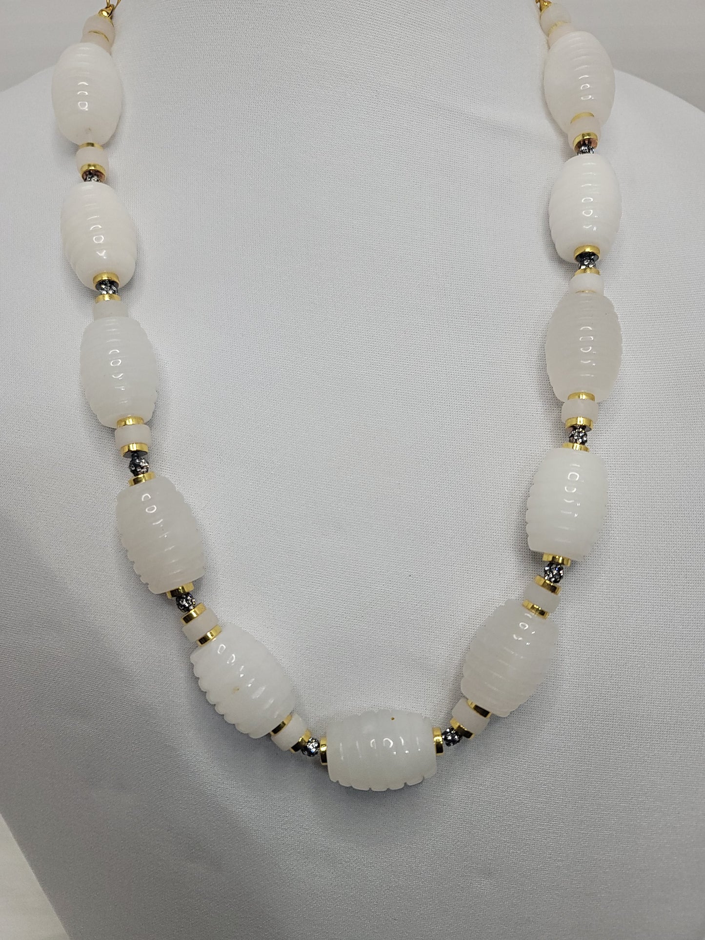 Large White Natural Stone Necklace with gold-plated Hematite accents