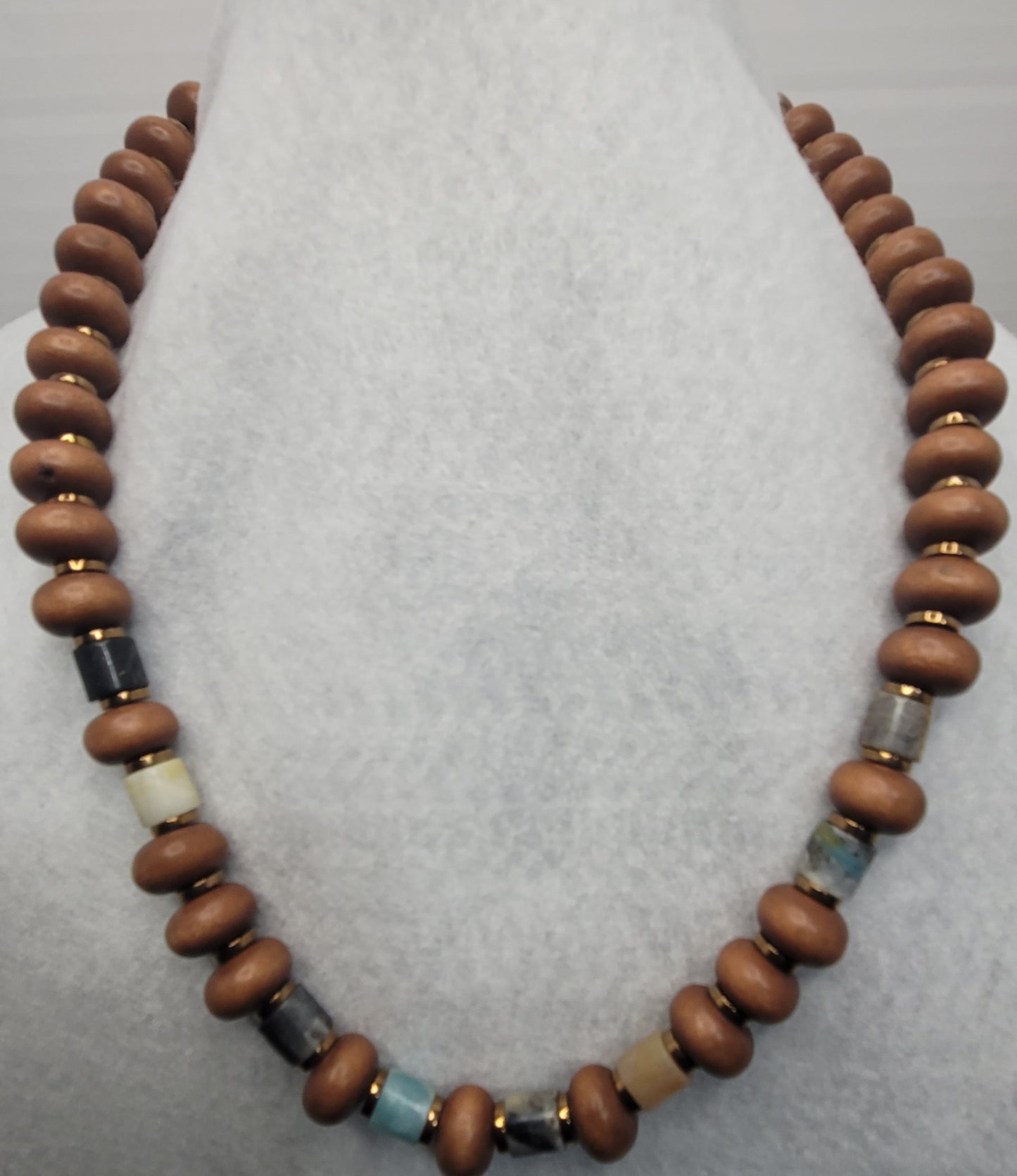 High Quality Wood Necklace with Natural Stone Cylinder Beads and gold-plated Hematite accents