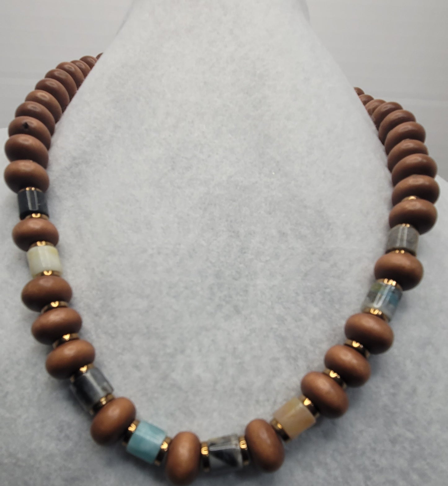 High Quality Wood Necklace with Natural Stone Cylinder Beads and gold-plated Hematite accents