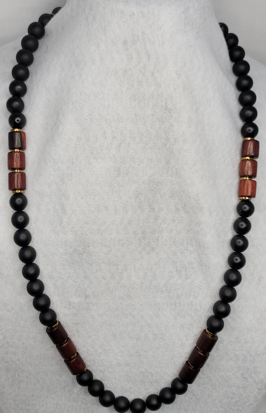 Authentic Matte Black Onyx & Wood Cylinder Bead Necklace with gold plated hematite accents