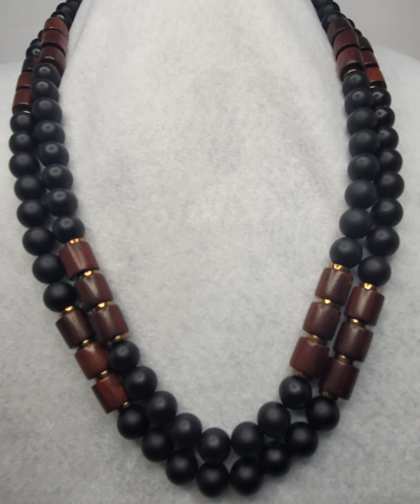 Authentic Matte Black Onyx & Wood Cylinder Bead Necklace with gold plated hematite accents