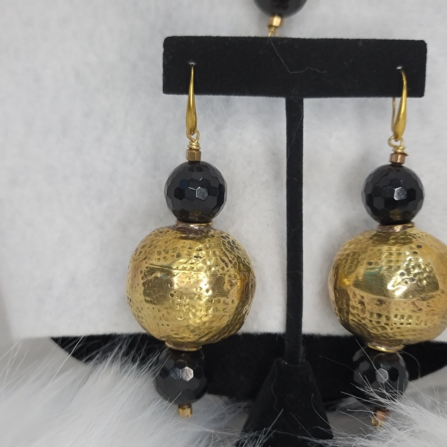 Large Brass Ball & authentic onyx stone earrings