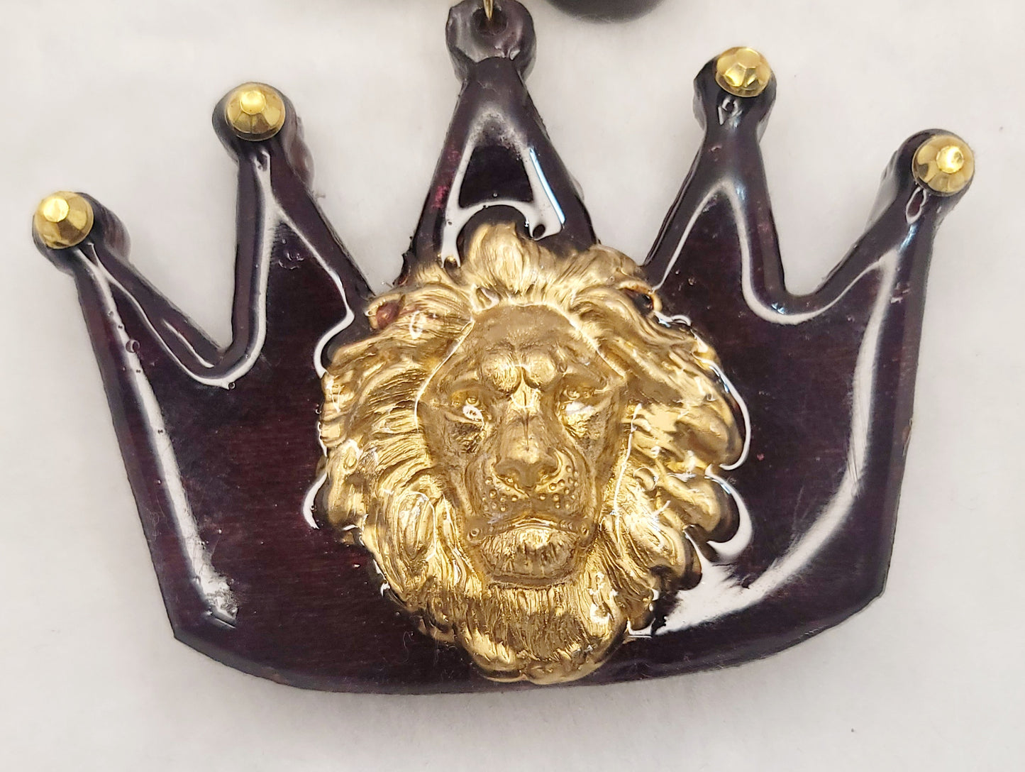 Wood Crown Pendant with Golden Lion Head Inlay and Wood Geometric disc necklace and brass accents