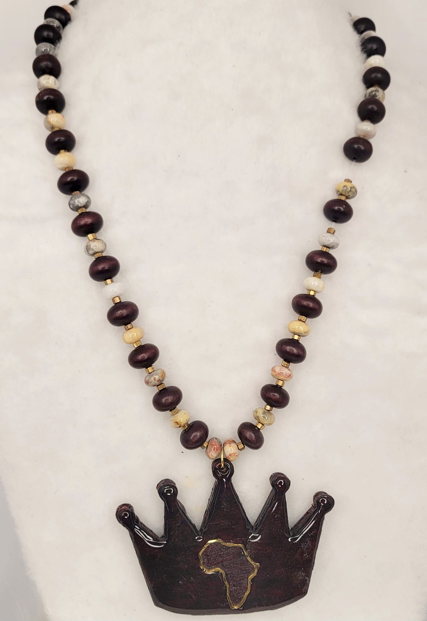 Wood Crown Pendant with African continent Inlay /Wood and Agate disc necklace with brass accents.