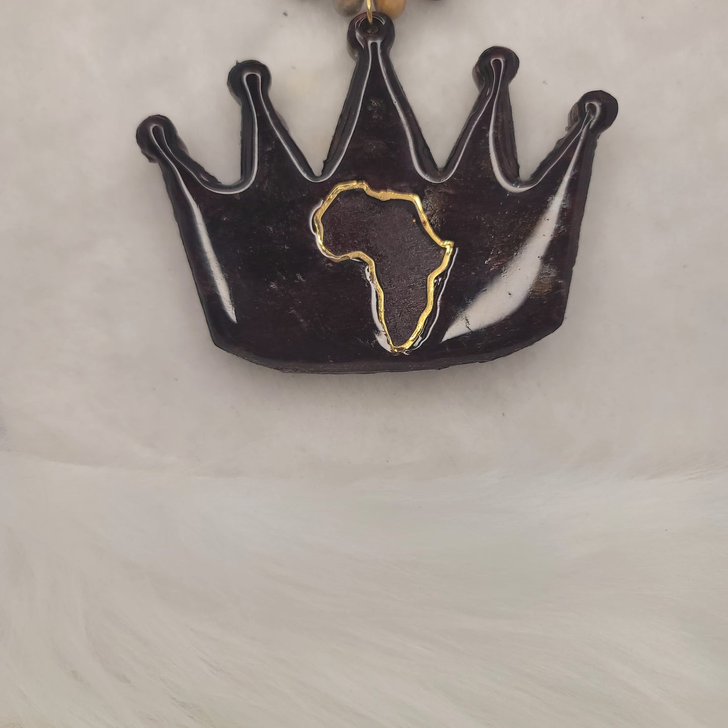 Wood Crown Pendant with African continent Inlay /Wood and Agate disc necklace with brass accents.