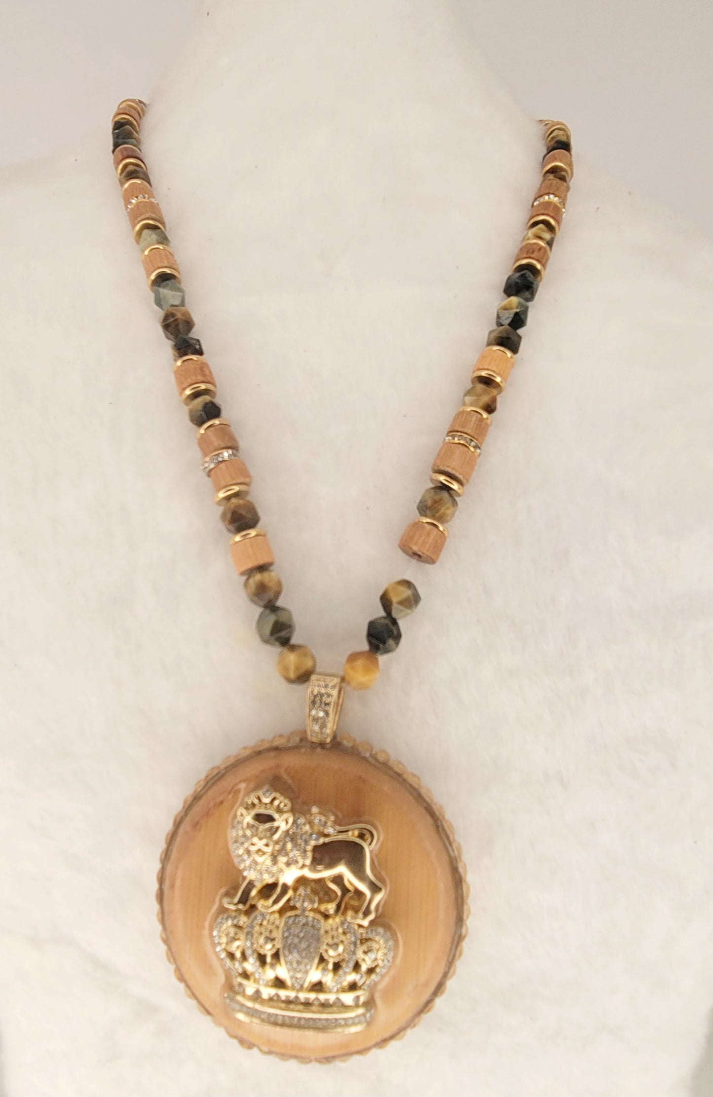 Wood Medallion Pendant necklace with metal Lion of Judah & Crown with Yellow Tiger's eye, wood and crystal spacer beads.