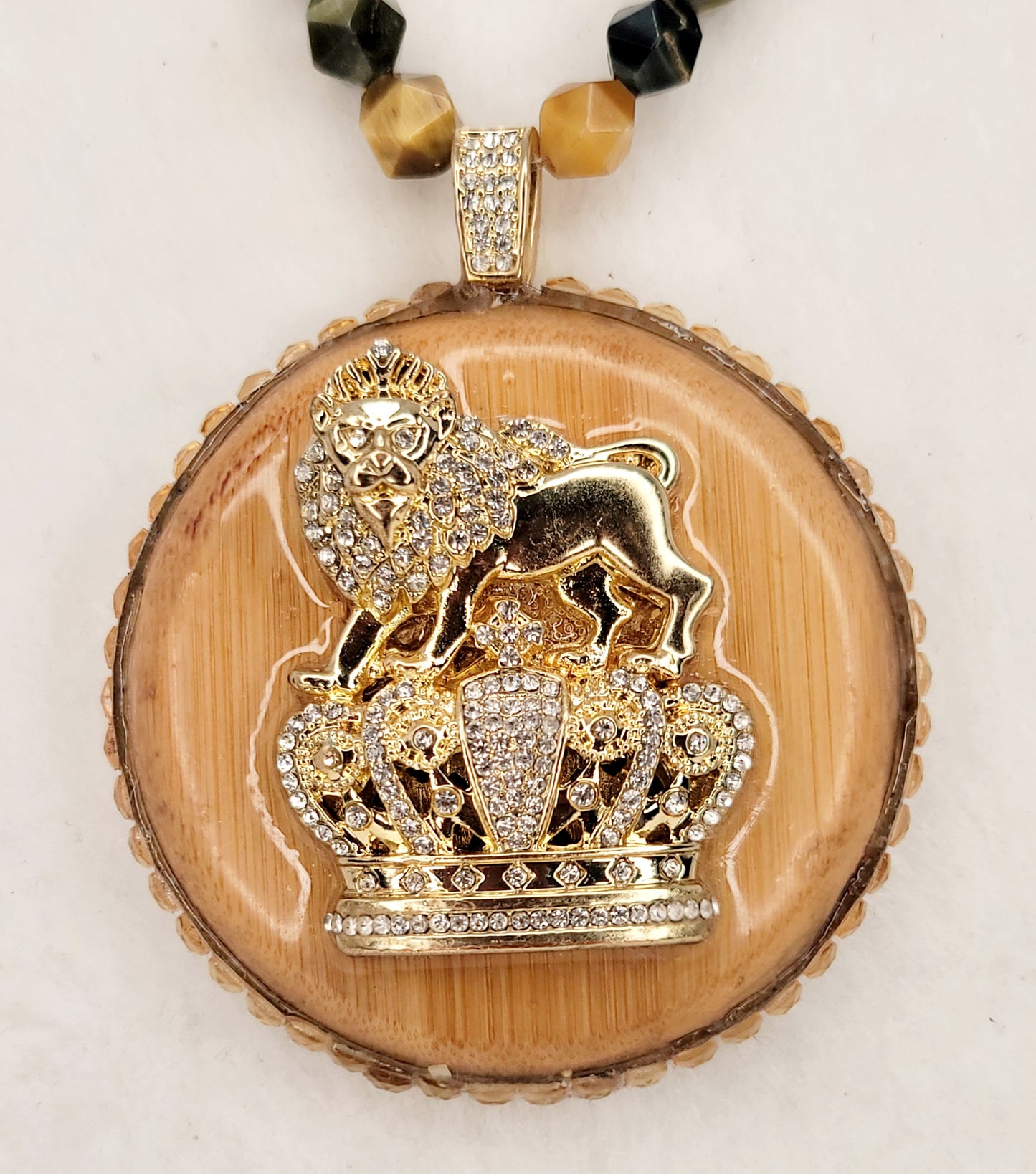 Wood Medallion Pendant necklace with metal Lion of Judah & Crown with Yellow Tiger's eye, wood and crystal spacer beads.