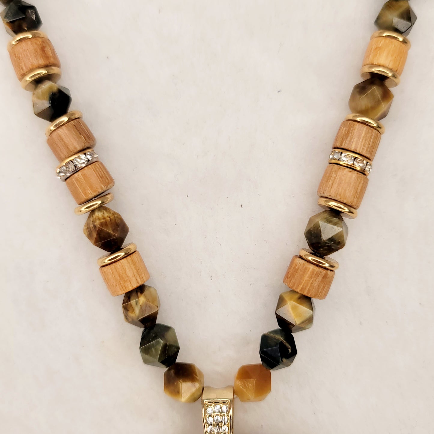 Wood Medallion Pendant necklace with metal Lion of Judah & Crown with Yellow Tiger's eye, wood and crystal spacer beads.