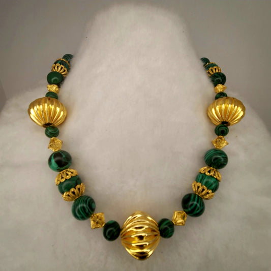 Authentic Malachite stone, brass bead and gold tone accent bead necklace with matching earrings.