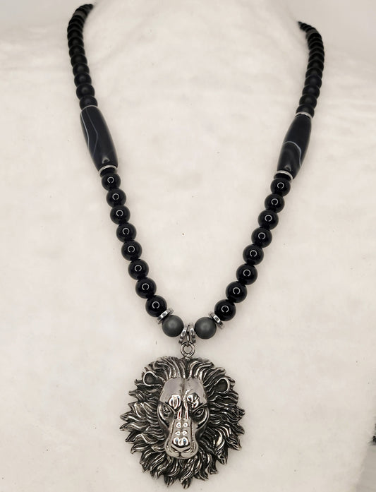 Stainless Steel Lion Head Pendant with black agate and onyx bead necklace with stainless steel spacers