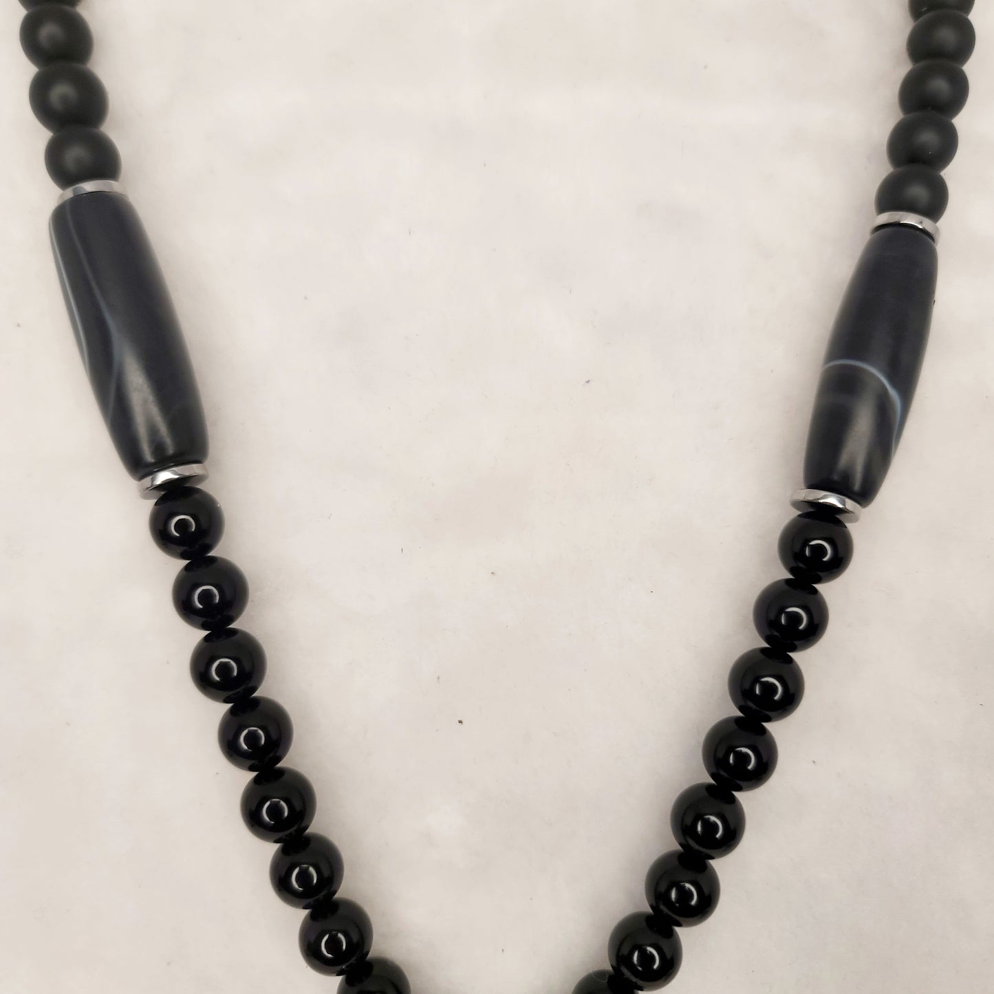 Stainless Steel Lion Head Pendant with black agate and onyx bead necklace with stainless steel spacers