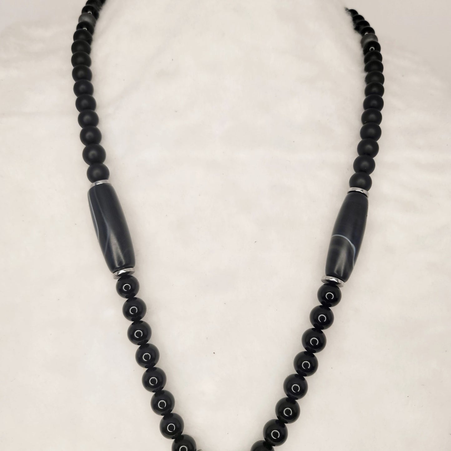 Stainless Steel Lion Head Pendant with black agate and onyx bead necklace with stainless steel spacers